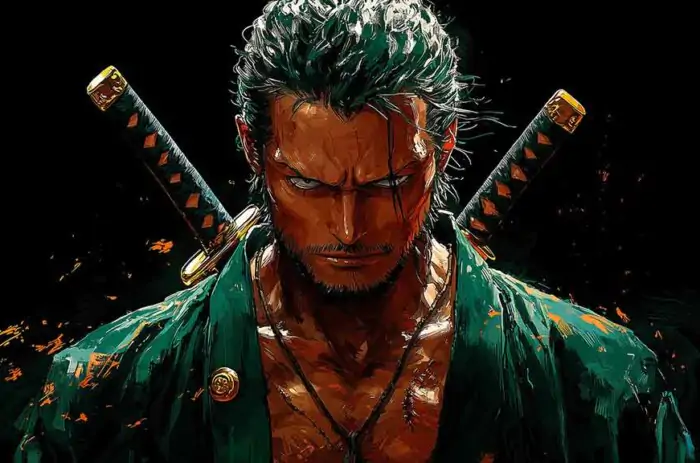 One Piece Roronoa Zoro wallpaper 4K HD featuring three sword style swordsman with intense expression and green hair against black background