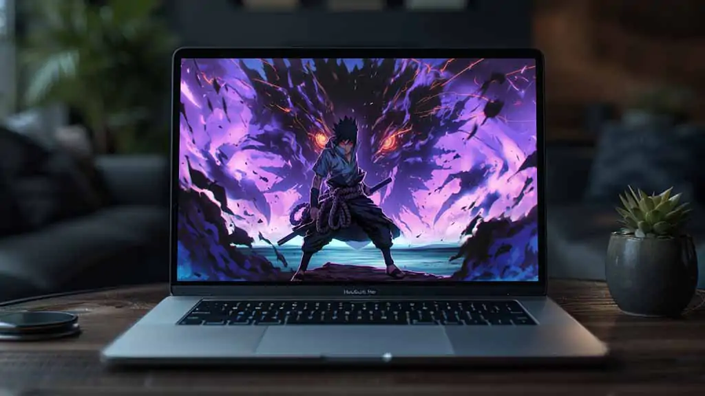 Sasuke Uchiha standing in a powerful battle stance with his fully awakened purple Susanoo rising behind him, glowing Rinnegan eyes piercing through the dark chakra energy, 4K HD Naruto Shippuden anime wallpaper free download