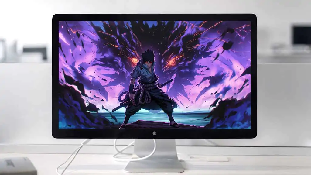 Sasuke Uchiha standing in a powerful battle stance with his fully awakened purple Susanoo rising behind him, glowing Rinnegan eyes piercing through the dark chakra energy, 4K HD Naruto Shippuden anime wallpaper free download