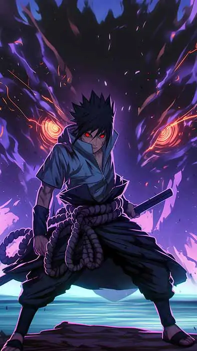 Sasuke Uchiha standing in a powerful battle stance with his fully awakened purple Susanoo rising behind him, glowing Rinnegan eyes piercing through the dark chakra energy, 4K HD Naruto Shippuden anime wallpaper free download