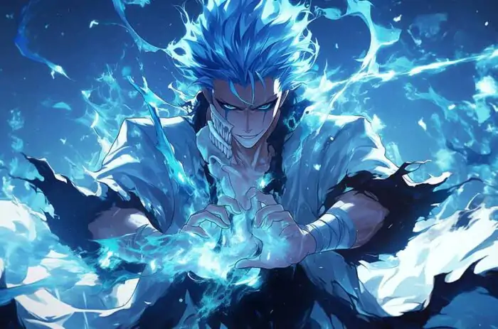 Grimmjow Jaegerjaquez charging Gran Ray Cero with intense blue spiritual energy, Bleach anime 4K wallpaper