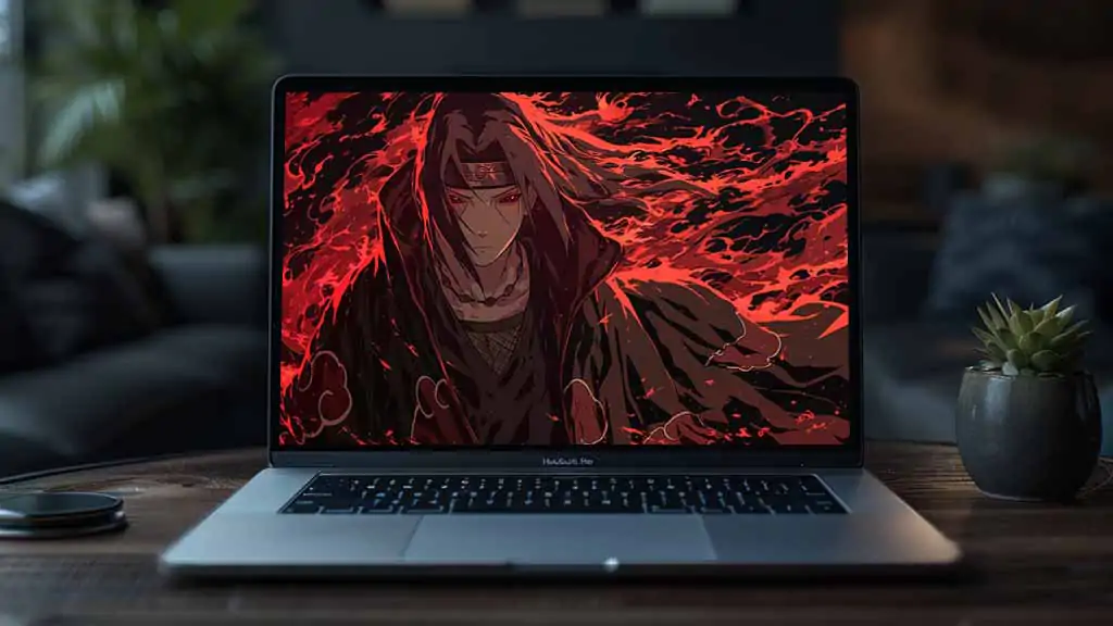 Itachi Uchiha with Mangekyou Sharingan eyes surrounded by swirling red and black flames in dark anime art style