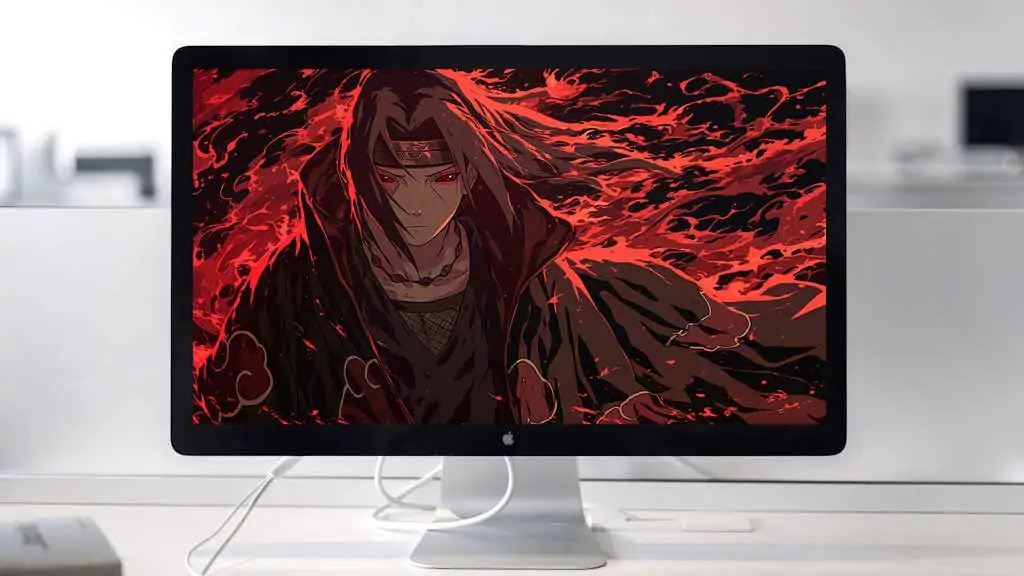 Itachi Uchiha with Mangekyou Sharingan eyes surrounded by swirling red and black flames in dark anime art style