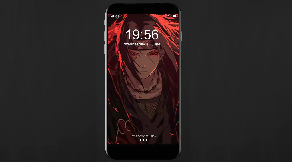 Itachi Uchiha with Mangekyou Sharingan eyes surrounded by swirling red and black flames in dark anime art style