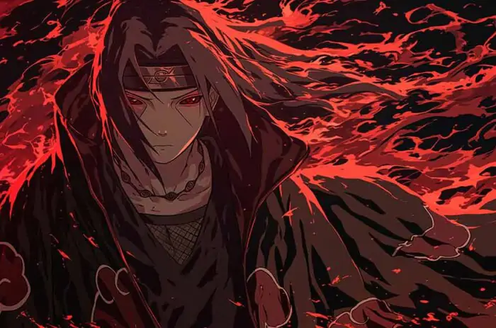 Itachi Uchiha with Mangekyou Sharingan eyes surrounded by swirling red and black flames in dark anime art style