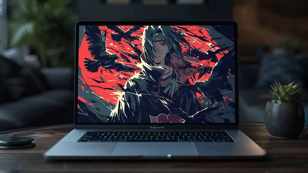 Itachi Uchiha red moon crow 4K wallpaper, Akatsuki cloak Sharingan red eyes ravens dark anime art Naruto Shippuden free Download background for desktop & mobile phone