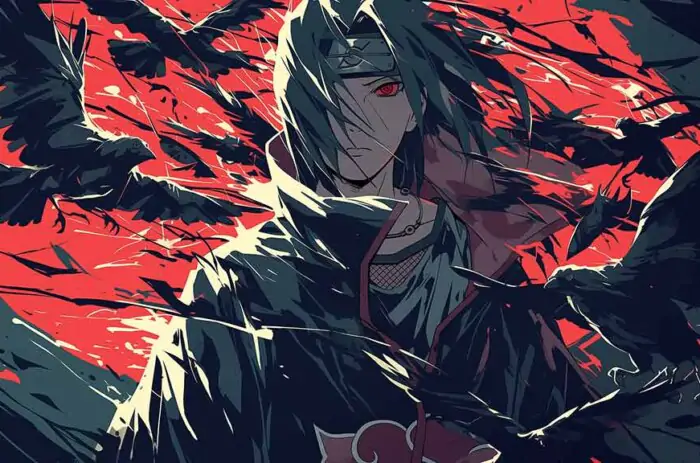 Itachi Uchiha red moon crow 4K wallpaper, Akatsuki cloak Sharingan red eyes ravens dark anime art Naruto Shippuden free Download background for desktop & mobile phone