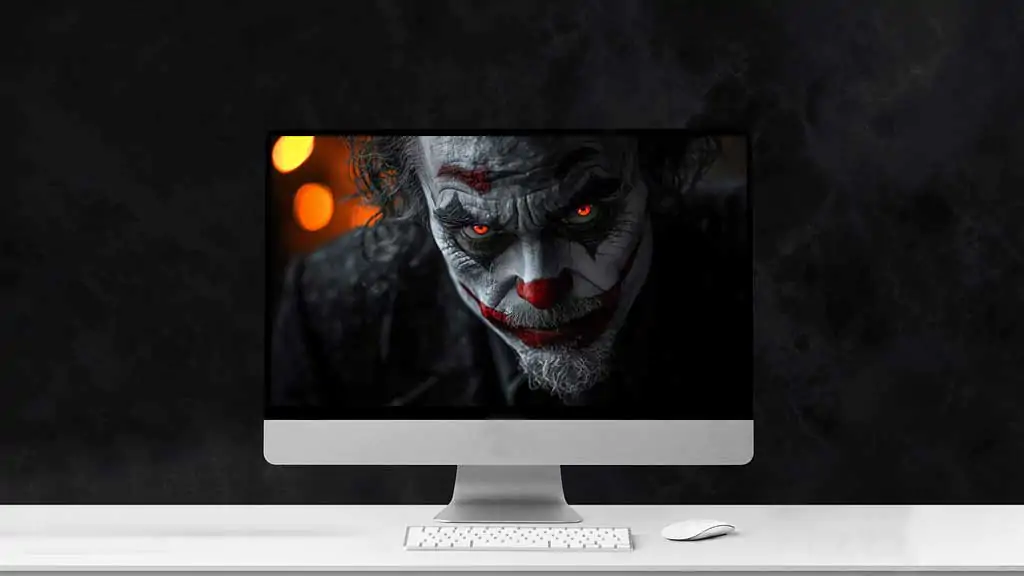 Fond d'écran Joker 4K gratuit époustouflant. Portrait sombre et menaçant aux yeux rouges brillants. Arrière-plan parfait pour ordinateur et mobile. Obtenez-le maintenant !