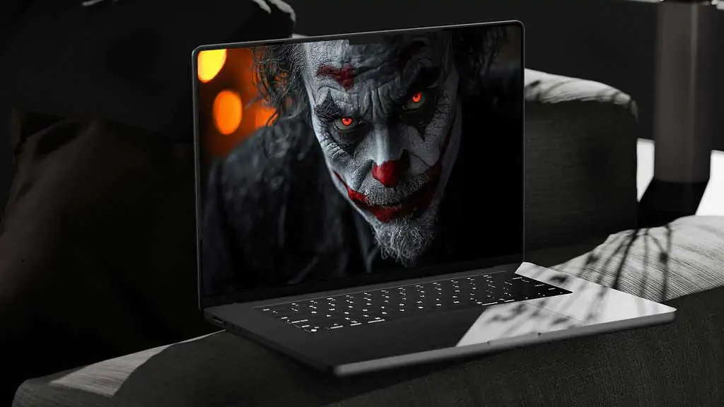 Fond d'écran Joker 4K gratuit époustouflant. Portrait sombre et menaçant aux yeux rouges brillants. Arrière-plan parfait pour ordinateur et mobile. Obtenez-le maintenant !