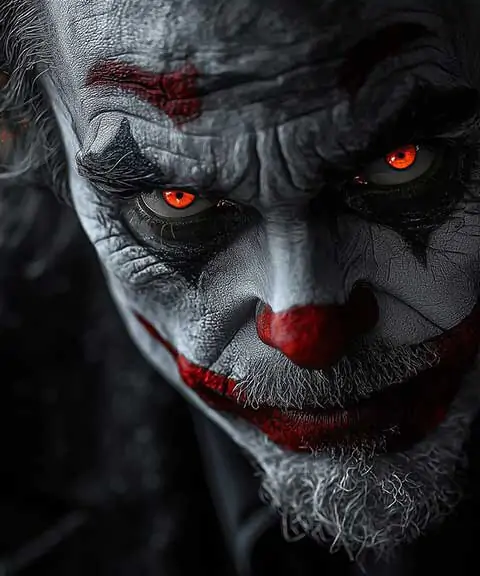 Fond d'écran Joker 4K gratuit époustouflant. Portrait sombre et menaçant aux yeux rouges brillants. Arrière-plan parfait pour ordinateur et mobile. Obtenez-le maintenant !
