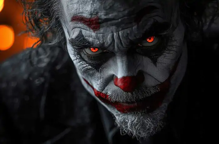 Fond d'écran Joker 4K gratuit époustouflant. Portrait sombre et menaçant aux yeux rouges brillants. Arrière-plan parfait pour ordinateur et mobile. Obtenez-le maintenant !