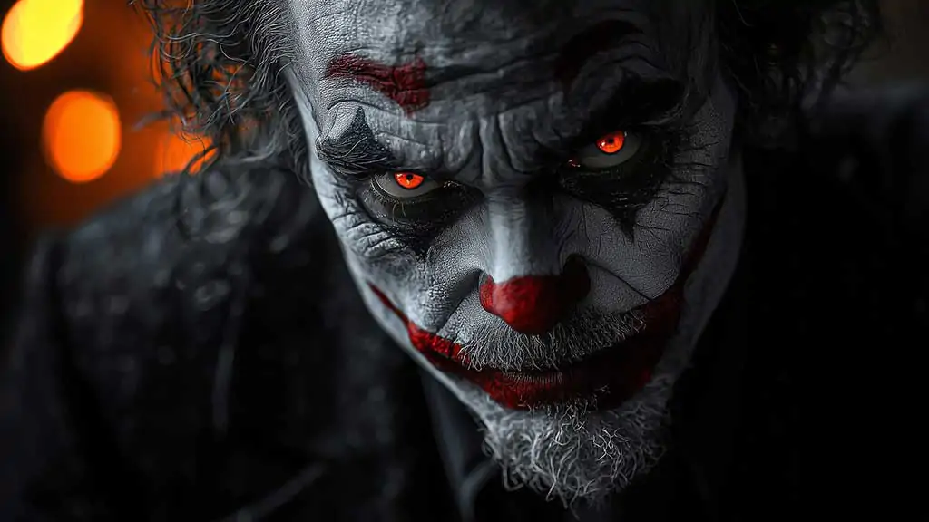 Fond d'écran Joker 4K gratuit époustouflant. Portrait sombre et menaçant aux yeux rouges brillants. Arrière-plan parfait pour ordinateur et mobile. Obtenez-le maintenant !