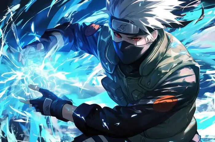 Kakashi Hatake performing lightning Rasengan jutsu with blue electric energy, Naruto anime 4K digital art wallpaper