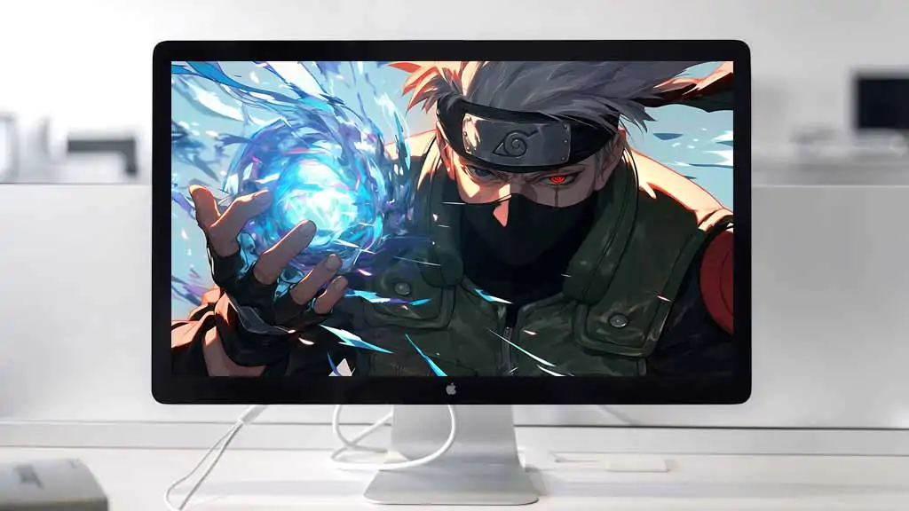 Kakashi Hatake with Sharingan eye forming blue Rasengan chakra sphere, wearing ninja mask and Konoha headband