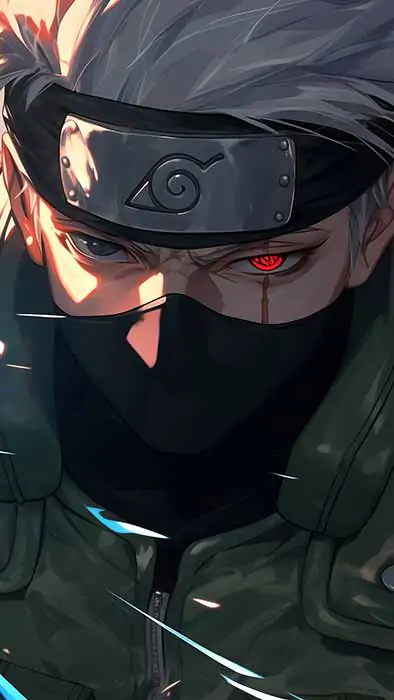 Kakashi Hatake with Sharingan eye forming blue Rasengan chakra sphere, wearing ninja mask and Konoha headband