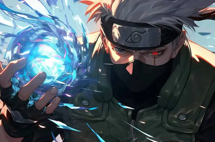 Kakashi Hatake with Sharingan eye forming blue Rasengan chakra sphere, wearing ninja mask and Konoha headband