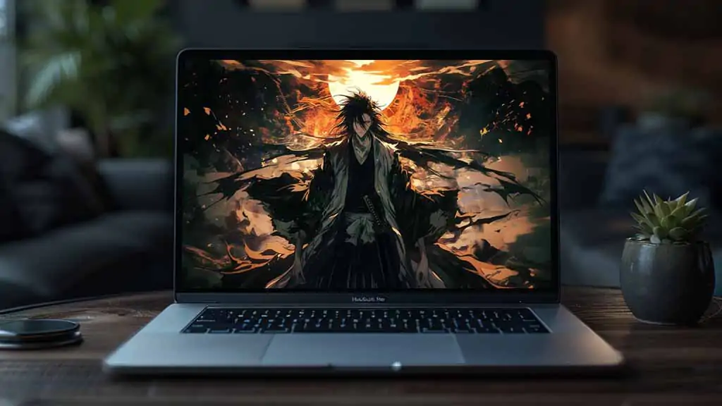 Kuchiki Byakuya from Bleach anime standing in dramatic pose with flowing black hair and captain robes against orange sunset