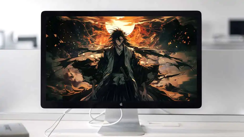 Kuchiki Byakuya from Bleach anime standing in dramatic pose with flowing black hair and captain robes against orange sunset