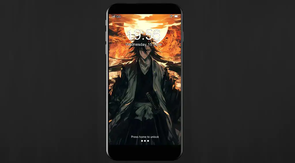 Kuchiki Byakuya from Bleach anime standing in dramatic pose with flowing black hair and captain robes against orange sunset