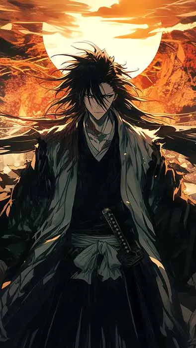 Kuchiki Byakuya from Bleach anime standing in dramatic pose with flowing black hair and captain robes against orange sunset