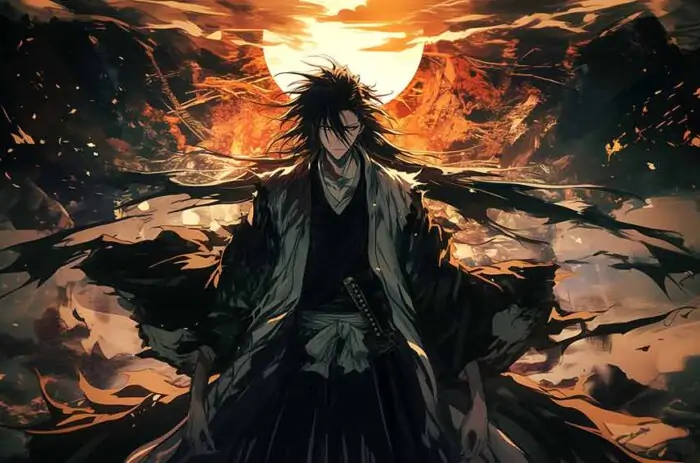 Kuchiki Byakuya from Bleach anime standing in dramatic pose with flowing black hair and captain robes against orange sunset