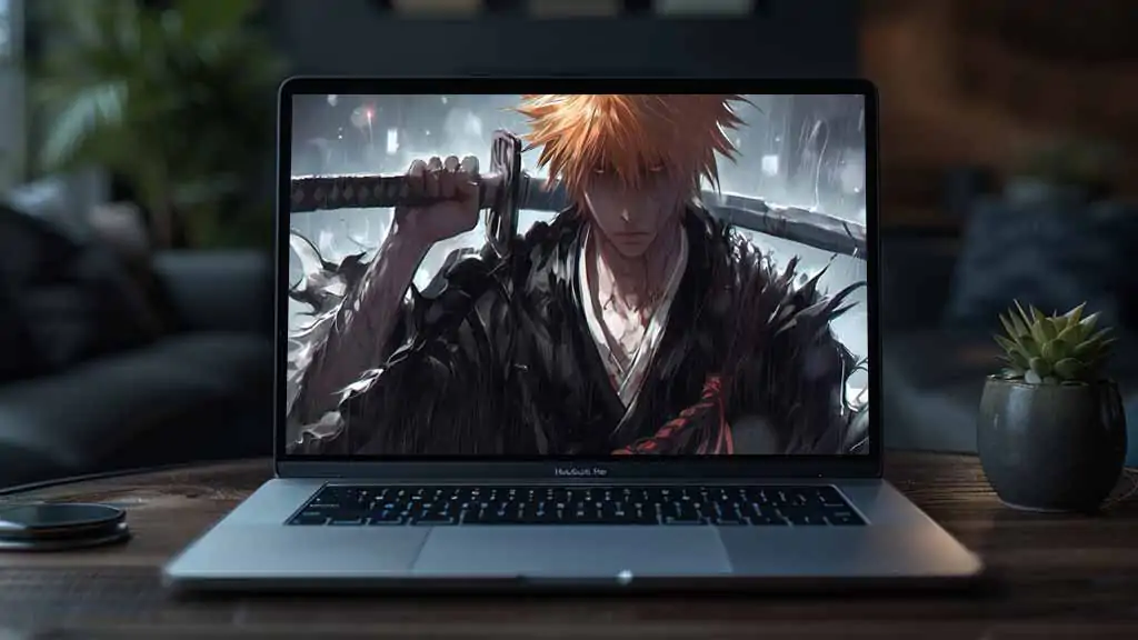 Kurosaki Ichigo from Bleach anime holding Zangetsu sword in rain, wearing black Shinigami robes, orange spiky hair