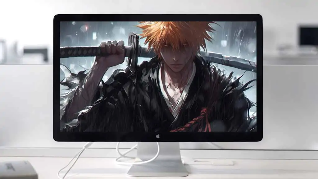 Kurosaki Ichigo from Bleach anime holding Zangetsu sword in rain, wearing black Shinigami robes, orange spiky hair