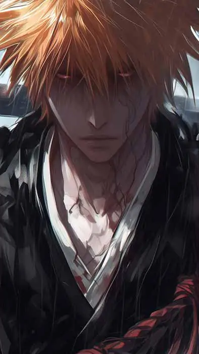 Kurosaki Ichigo from Bleach anime holding Zangetsu sword in rain, wearing black Shinigami robes, orange spiky hair
