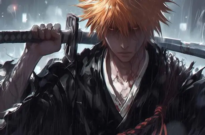 Kurosaki Ichigo from Bleach anime holding Zangetsu sword in rain, wearing black Shinigami robes, orange spiky hair