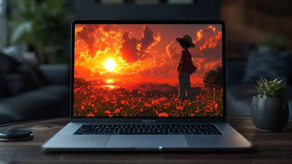 Monkey D Luffy from One Piece standing in flower field watching dramatic orange sunset over ocean in anime art style