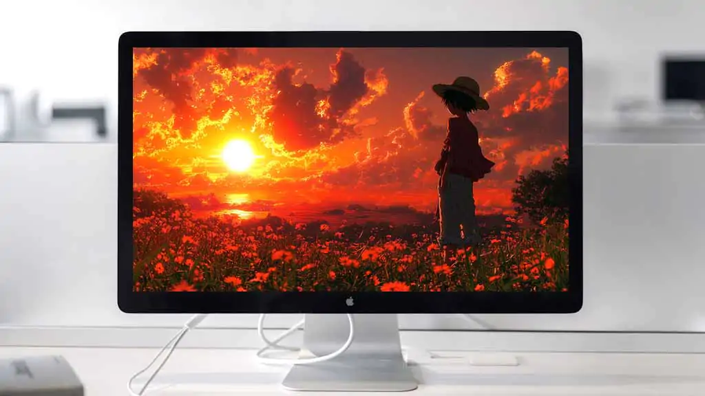 Monkey D Luffy from One Piece standing in flower field watching dramatic orange sunset over ocean in anime art style