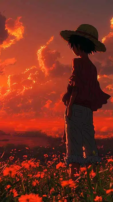 Monkey D Luffy from One Piece standing in flower field watching dramatic orange sunset over ocean in anime art style