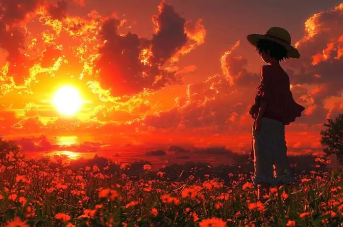 Monkey D Luffy from One Piece standing in flower field watching dramatic orange sunset over ocean in anime art style