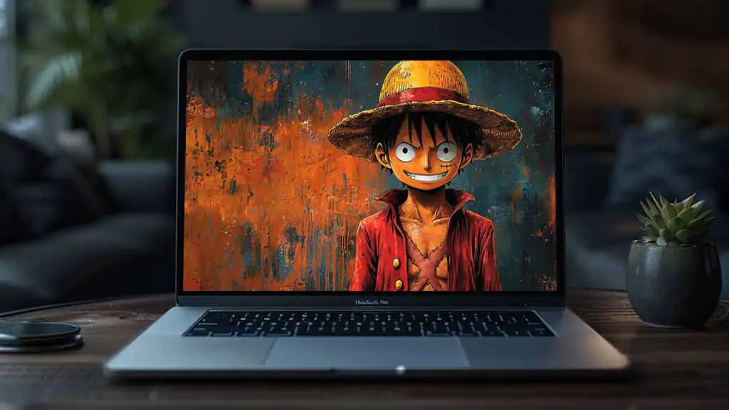 Monkey D Luffy from One Piece smiling with straw hat, red vest, against orange and teal abstract painted background