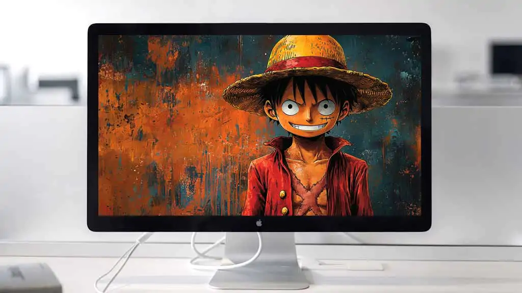 Monkey D Luffy from One Piece smiling with straw hat, red vest, against orange and teal abstract painted background