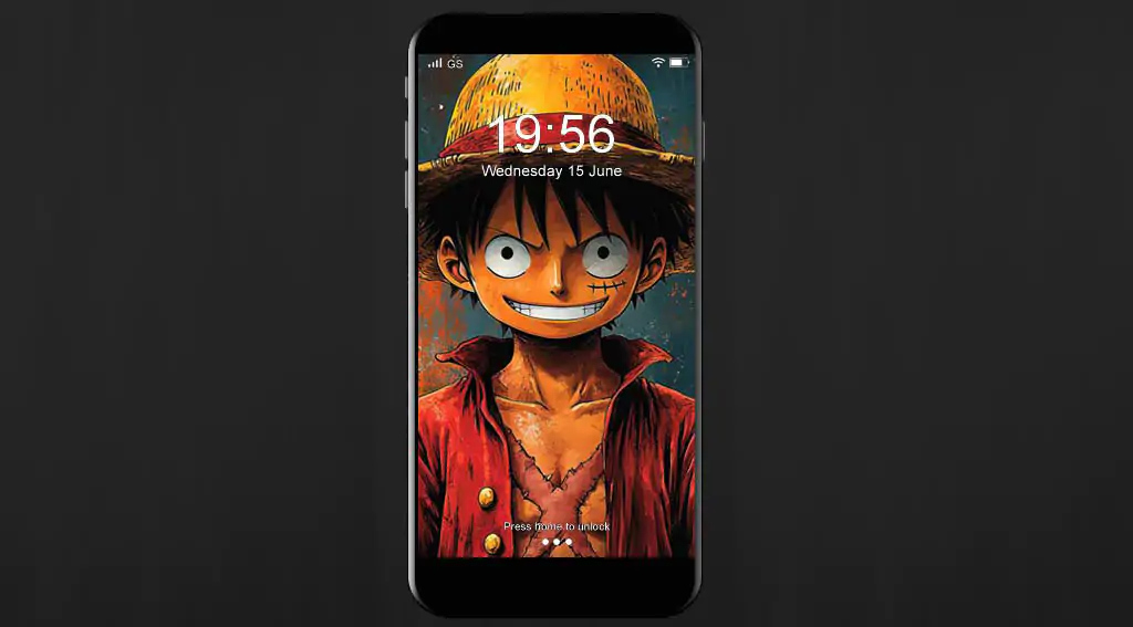 Monkey D Luffy from One Piece smiling with straw hat, red vest, against orange and teal abstract painted background