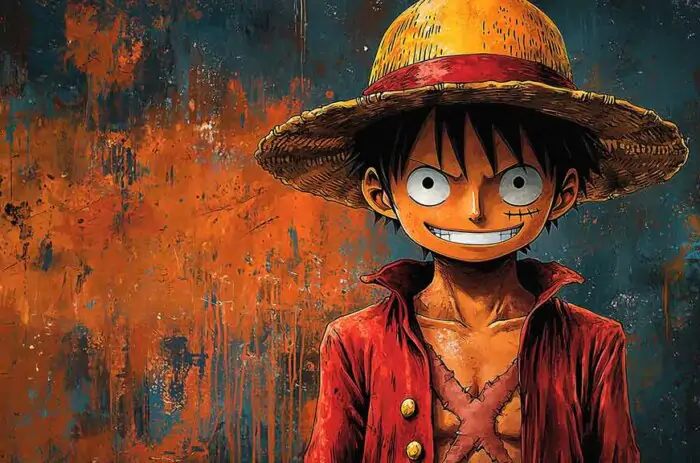 Monkey D Luffy from One Piece smiling with straw hat, red vest, against orange and teal abstract painted background