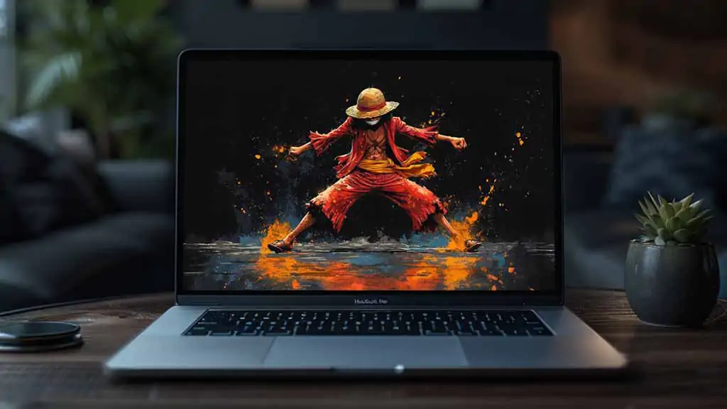 Monkey D. Luffy 4K HD wallpaper – One Piece anime straw hat pirate battle stance with fire and dark background