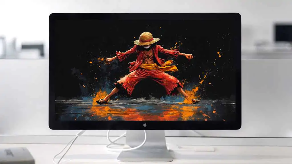 Monkey D. Luffy 4K HD wallpaper – One Piece anime straw hat pirate battle stance with fire and dark background