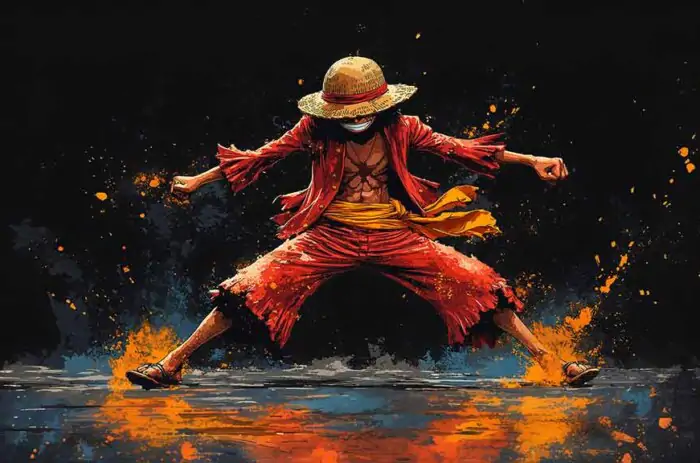 Monkey D. Luffy 4K HD wallpaper – One Piece anime straw hat pirate battle stance with fire and dark background