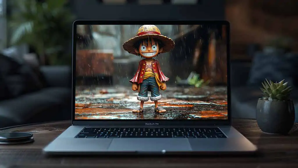 Monkey D. Luffy cute toy figure 4K wallpaper – One Piece chibi 3D anime character smiling in the rain with straw hat and red coat