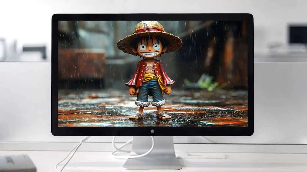 Monkey D. Luffy cute toy figure 4K wallpaper – One Piece chibi 3D anime character smiling in the rain with straw hat and red coat