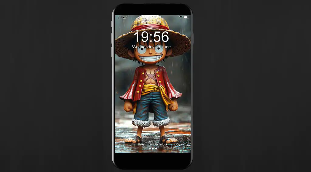 Monkey D. Luffy cute toy figure 4K wallpaper – One Piece chibi 3D anime character smiling in the rain with straw hat and red coat