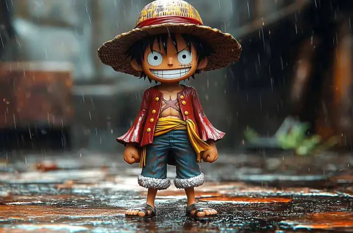 Monkey D. Luffy cute toy figure 4K wallpaper – One Piece chibi 3D anime character smiling in the rain with straw hat and red coat