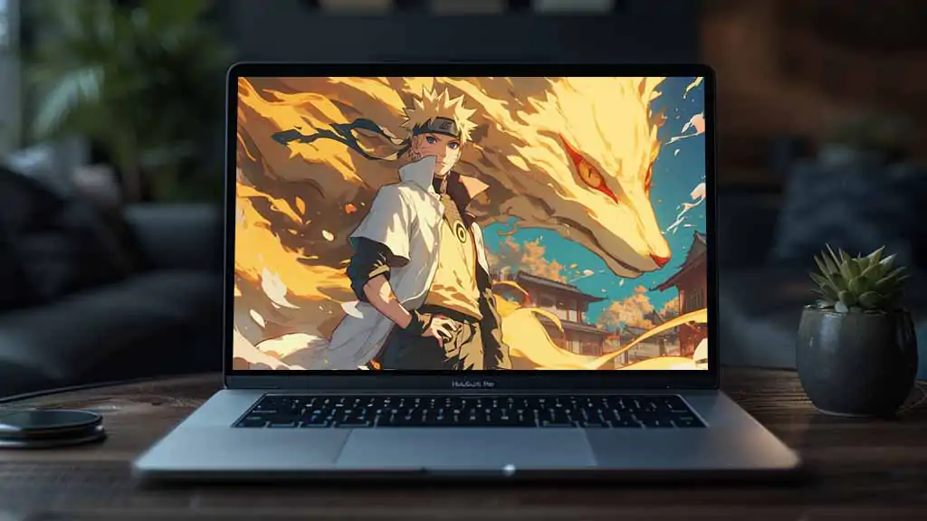 Naruto Uzumaki standing with golden Nine Tails Kurama fox spirit behind him in anime art style wallpaper