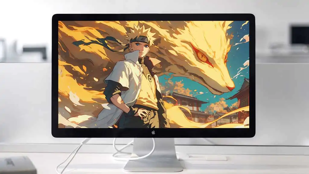 Naruto Uzumaki standing with golden Nine Tails Kurama fox spirit behind him in anime art style wallpaper