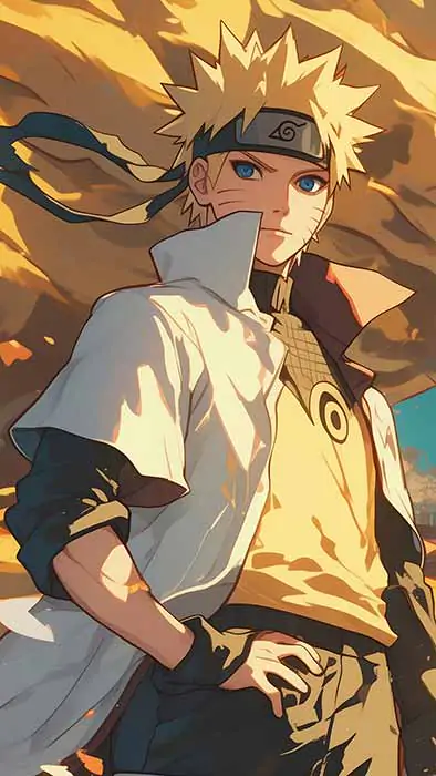 Naruto Uzumaki standing with golden Nine Tails Kurama fox spirit behind him in anime art style wallpaper