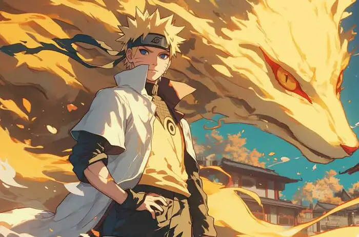 Naruto Uzumaki standing with golden Nine Tails Kurama fox spirit behind him in anime art style wallpaper