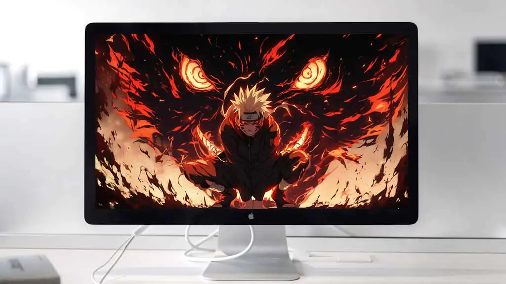 Naruto Nine Tails Chakra dark Mode 4K wallpaper, Kurama red glowing eyes fangs fire red chakra cloak Naruto Shippuden free download for PC & mobile phone