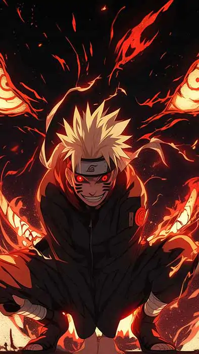 Naruto Nine Tails Chakra dark Mode 4K wallpaper, Kurama red glowing eyes fangs fire red chakra cloak Naruto Shippuden free download for PC & mobile phone
